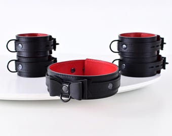 Premium leather handcuffs and anklecuffs set BDSM Ankle Cuffs, Handcuffs, one price for all sizes, Bow Collar, Black Red Bow