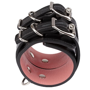 Handmade Locking Leather Black-Pink Leather Cuffs with Custom Sizing and 792 color variations and ONE price for all sizes.