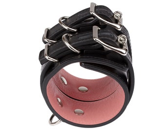 Handmade Locking Leather Black-Pink Leather Cuffs with Custom Sizing and 792 color variations and ONE price for all sizes.