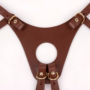 Brown Leather strapon harness for pegging (396 color variations, 3 rings included, nickelfree plated hardware, custom sized, quick removal)
