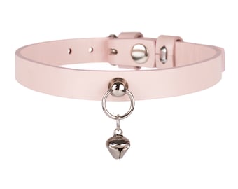 Handmade Light Pink leather custom discreet public day choker collar with bell ( 121 color variations, ONE PRICE for all SIZES )