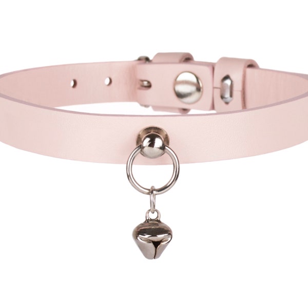 Handmade Light Pink leather custom discreet public day choker collar with bell ( 121 color variations, ONE PRICE for all SIZES )