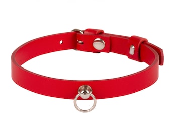 Handmade Red leather custom discreet public day with ring choker collar(132 color variations, ONE PRICE for all SIZES)