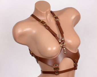 Brown Leather cupless bra breast harness for women (528 color variations, nickelfree hardware, custom made to size)