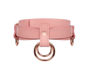 Premium leather custom choker collar with O-rings and two D-rings (792 color variations nickel-free plated hardware one price for all sizes)