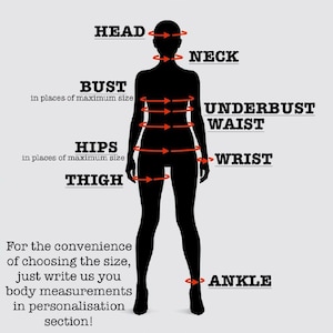 Pu&ograve; includere: Silhouette nera di una persona con punti di misurazione del corpo etichettati: testa, collo, busto, sottoseno, vita, fianchi, coscia, polso e caviglia. Il testo indica di fornire le misure del corpo per la selezione della taglia.