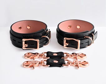 Locking Black Leather Ankle Cuffs (one pair) with Two Short Fixation Connectors, Custom Size