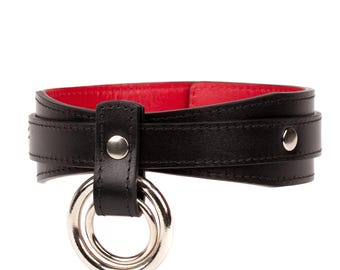 Handmade Black-Red leather custom choker collar with two O-ring(792 color variations nickel-free plated hardware one price for all sizes)