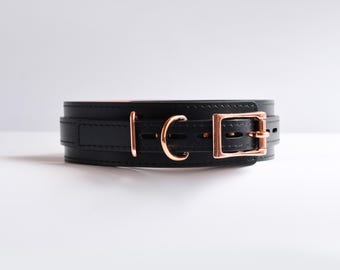 Black Leather Day Collar with Lockable Buckle, Custom Locking Choker, Perfect Fit One Price, Couples Fetish Gift, BDSM Adult Play