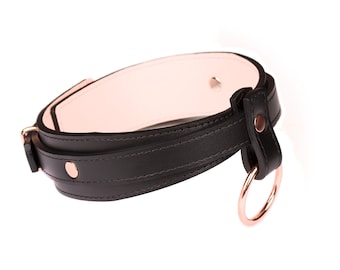 Handmade leather custom choker collar with O-ring (792 color variations nickel-free plated hardware one price for all sizes)