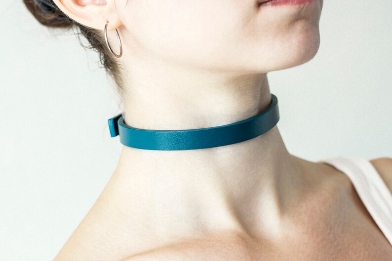 Handmade Blue Custom Leather Choker for Women Sub Day Collar (121 Color ...