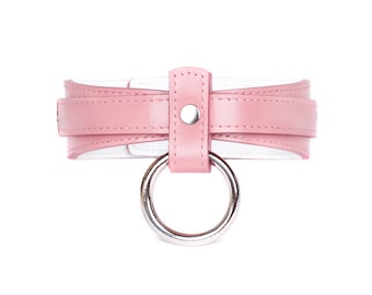 Gargantilha personalizada feita à mão em couro rosa e branco com anel de vedação (792 variações de cores, ferragens banhadas a níquel, preço único para todos os tamanhos)