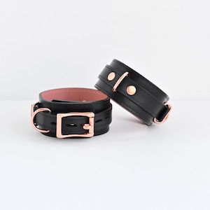 Black Locking Wrist Cuffs Leather with Rose Gold Hardware. Custom Cuffs -  Limitness Color Combination