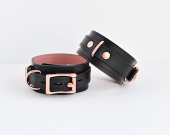 Black Locking Wrist Cuffs Leather with Rose Gold Hardware. Custom Cuffs -  Limitness Color Combination