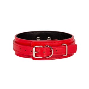 May include: A bright red collar featuring a smooth exterior finish, a black interior lining, and silver-toned metal hardware including a buckle, a D-ring, and two rivets. The collar is constructed with a wide band and a narrower adjustable strap.