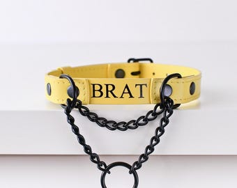 Yellow Custom Leather Martingale Collar Choker, Foil Stamped Embossing, Discreet Day Collar for Adults, Personalized Name, Pet Play Puppy