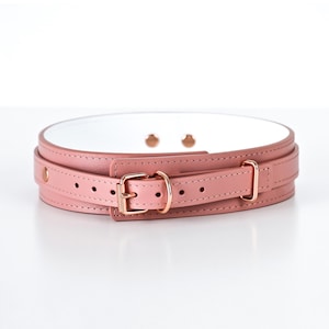 Pu&ograve; includere: Un collare in pelle rosa con interno bianco. Il collare presenta un design a doppio strato con fibbia e finiture metalliche color oro rosa. Il collare ha una serie di fori distanziati per la regolazione.