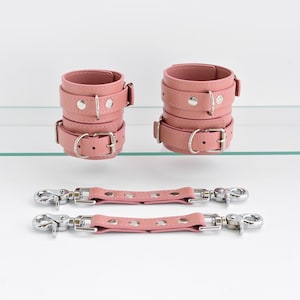 Handmade Pink Leather Full Set Hand Ankle Cuffs Two Medium Fixations Custom Size Cosplay Accessory