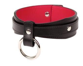 Handmade leather custom choker collar with O-ring (792 color variations nickel-free plated hardware one price for all sizes)