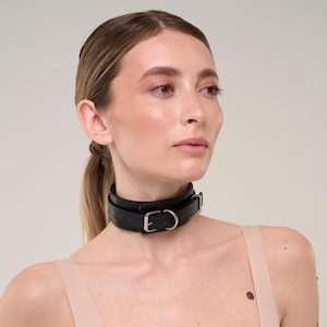 Custom sized Black leather bondage submissive collar with silver fittings (792 color variations nickel-free plated hardware)