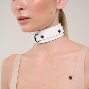 Custom sized White leather bondage submissive collar with black fittings (792 color variations nickel-free plated hardware)