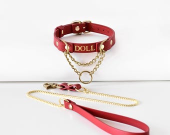 Leather Martingale Collar & Slim Leash Set, Custom Thin Choker for Submissive, Minimalist Bondage Gear, Elegant Bondage Gear, Day Collar