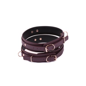 Handmade Bordo custom leather thigh leg cuffs for women sub (792 color variations, nickel-free hardware, One Price for all sizes)