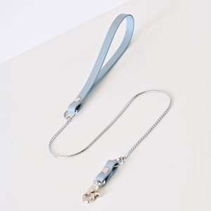 Könnte beinhalten: Hellblaue Leder-Hundeleine mit silberner Kette und Karabinerverschluss. Die Leine hat einen Schlaufengriff und einen Metallverschluss zur sicheren Befestigung. Das Design ist minimalistisch und modern.