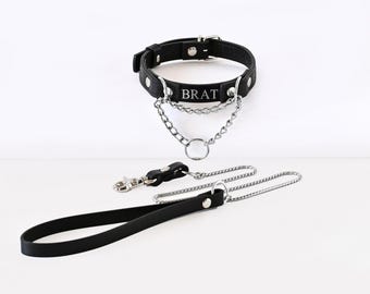 Leather Martingale Collar with Chain & Slim Leash Set, Custom Thin Choker for Submissive, Minimalist Bondage Gear, Discreet Day Collar