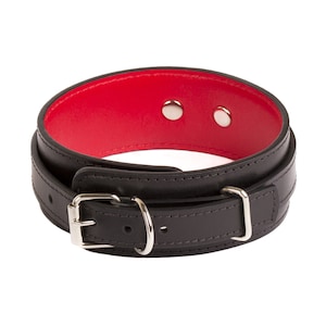 May include: A black collar with a vibrant red interior lining. The collar features a silver-toned metal buckle, a matching D-ring for attachment, and two silver-toned rivets securing the inner lining to the outer black band for a durable finish.