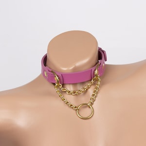 Custom made Hot Pink leather martingale collar choker with gold chain for men and women with adjustable fit (396 color variations)