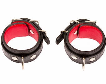 Handmade Black-Red leather wrist cuffs for men and women (792 color variations nickelfree hardware made to size)