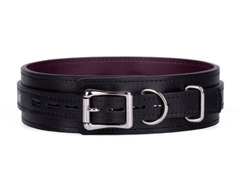 Handmade Black-Bordo leather custom locking choker collar (792 color variations lockable buckle one price for all sizes) anniversary gift.