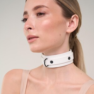Custom sized White leather bondage submissive collar with black fittings (792 color variations nickel-free plated hardware)