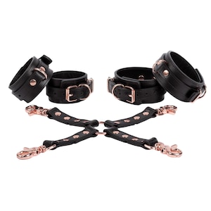 Handmade Leather cuffs set ankle cuffs hand cuffs and connector (792 color variations, nickel-free plated hardware, one price for all sizes)