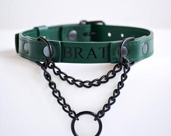 Emerald Green Custom Leather Martingale Collar Choker, Foil Stamping Embossing, Discreet Day Collar for Adults, BDSM Sub, Pet Play