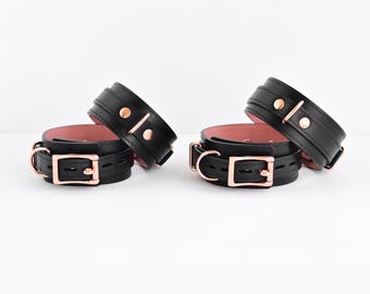 Locking Strap Buckle Black, Custom Handmade Leather Hand & Ankle Cuffs Set, Made to Your Size, Custom Fit