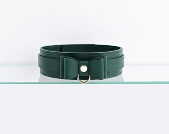 Emerald Choker Dark Green Collar Leather Bow Band Forest Accessory Kawaii Necklace Petplay Kitten Roleplay Submissive Gift Bunny Cosplay
