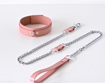 Double Chain Leash & Leather Collar Set, Custom Size Heavy Duty Choker, Gothic Submissive Necklace, Alternative Cosplay Jewelry