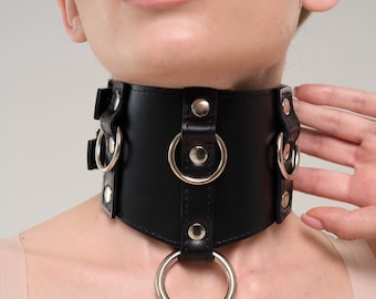 Heavy Duty Leather Posture Collar with 4 O-Rings, Rigid Neck Corset, Submissive Bondage Choker, Custom Pet Play Restraint
