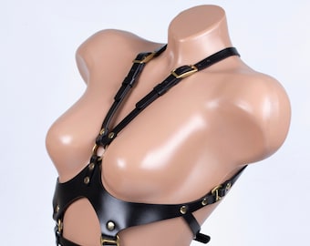女性用ブラックレザーブレストハーネス（528色のカラーバリエーション、ニッケルフリーの金具、サイズに合わせてカスタムメイド）