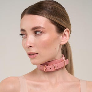 Custom sized Pink leather bondage submissive collar with rose gold fittings (792 color variations nickel-free plated hardware)