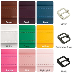 Pu&ograve; includere: Una collezione di cinturini in pelle in vari colori, tra cui nero, marrone e blu, con cuciture coordinate. Sono presenti anche fibbie metalliche in argento, oro rosa, grigio canna di fucile, ottone dorato, nero e ottone antico.