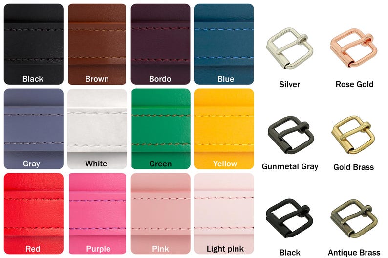 Pu&ograve; includere: Una collezione di cinturini in pelle in vari colori, tra cui nero, marrone e blu, con cuciture coordinate. Sono presenti anche fibbie metalliche in argento, oro rosa, grigio canna di fucile, ottone dorato, nero e ottone antico.