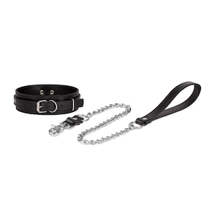 Premium Handmade Leather Collar and Chain Leash Set – 12 Leather Colors – Nickel-Free Plated Hardware –  Elegant & Durable - Adult Accessory