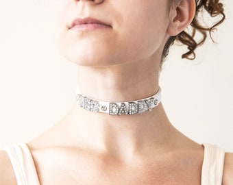 Handmade leather custom discreet public day collar name choker with rhinestones letters  (10 color variations, ONE PRICE for all SIZES)