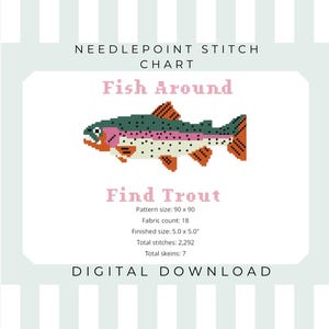May include: Digital needlepoint chart with a pixelated trout design. The text "Fish Around" and "Find Trout" are displayed above and below the fish. The chart includes pattern size, fabric count, finished size, total stitches, and total skeins. The words "Digital Download" are at the bottom.