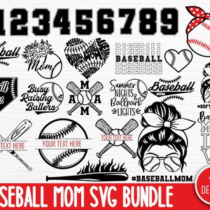 May include: A set of 40+ baseball mom SVG designs. The designs include baseballs, bats, and text such as "Baseball Mom", "Baseball Vibes", "Busy Raising Ballers", and "Summer Nights Ballpark Lights".