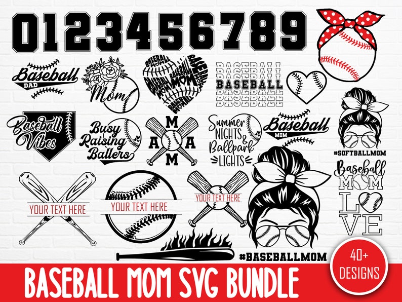 May include: A set of 40+ baseball mom SVG designs. The designs include baseballs, bats, and text such as "Baseball Mom", "Baseball Vibes", "Busy Raising Ballers", and "Summer Nights Ballpark Lights".