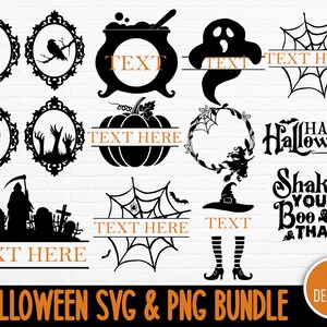 May include: A set of 15 Halloween SVG and PNG designs. The designs include a black cat, a spider, a witch's hat, a cauldron, a ghost, a pumpkin, a wreath, a spiderweb, a graveyard, and a text box that says "Happy Halloween".